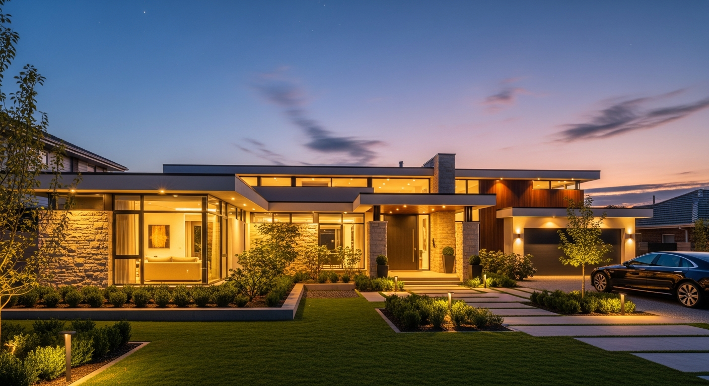 Luxury modern home at dusk with an infinity pool overlooking city lights
